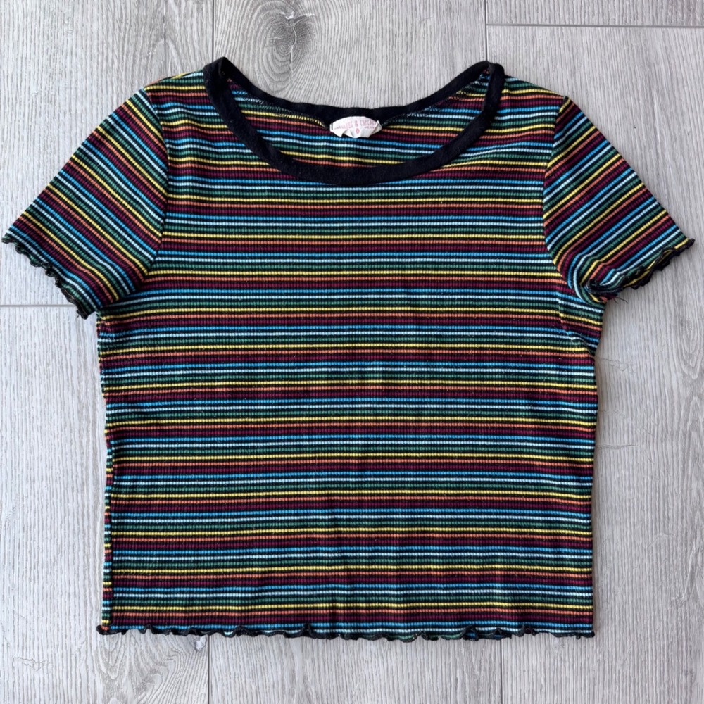 Rainbows & Cupcakes Y2K Rainbow Striped Baby Tee Womens L Ribbed Lettuce Trim